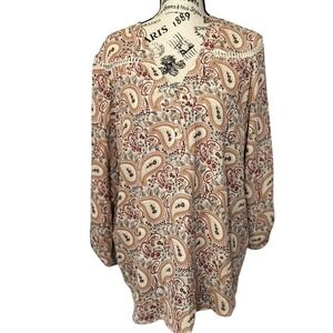 CURE Paisley Print V Neck Crochet accent Roll Tab Sleeve Button Blouse Womens XL